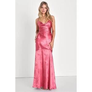 Lulu's Sweet Endeavors Rose Pink Satin Jacquard Cowl Neck Maxi Dress